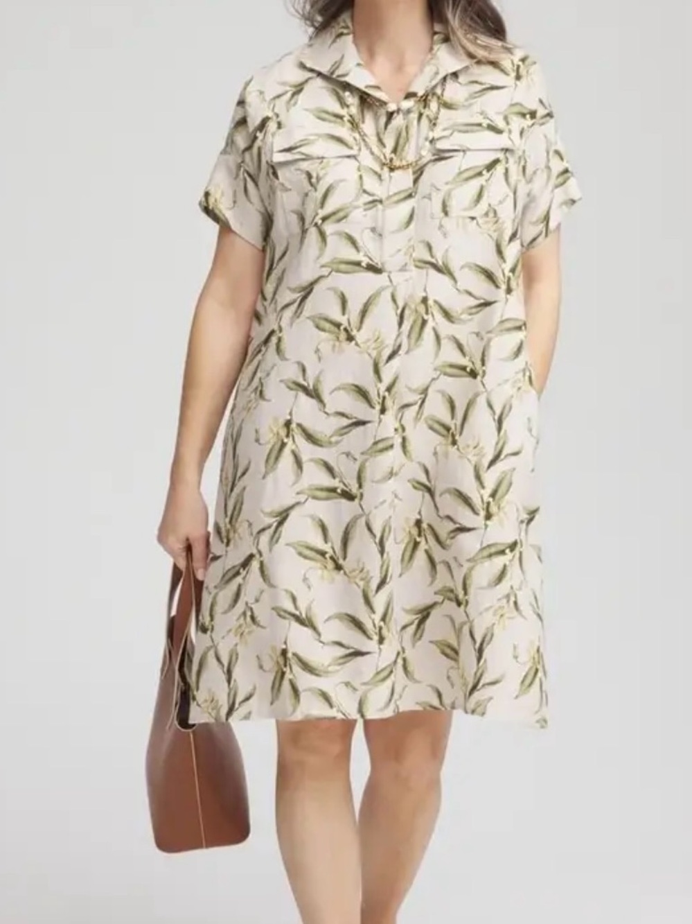 Chico's Leaf Print River Rock Linen Shirt Dress